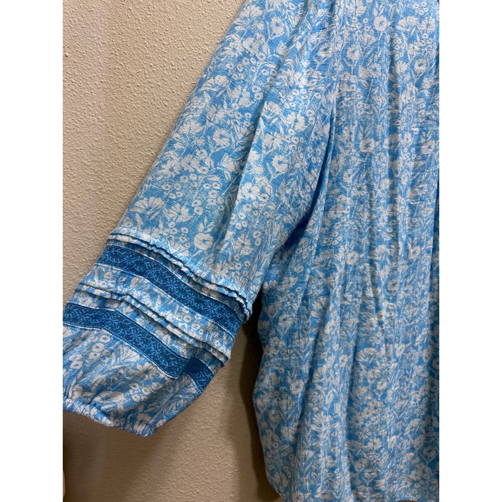 LC Lauren Conrad Blue Floral Peasant Blouse XL Boho Tie Neck Bell Sleeve Top - Picture 4 of 5